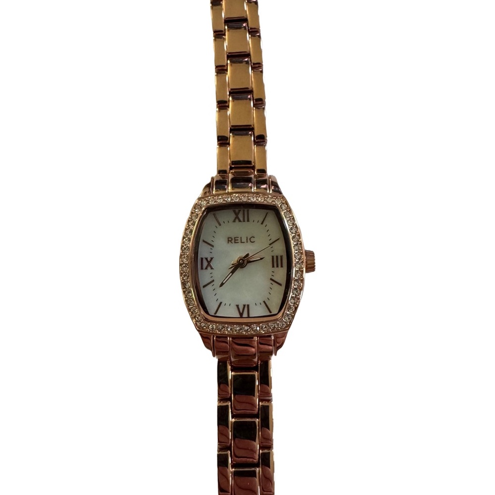 New Relic Gold Tonneau Watch with Crystal Accents